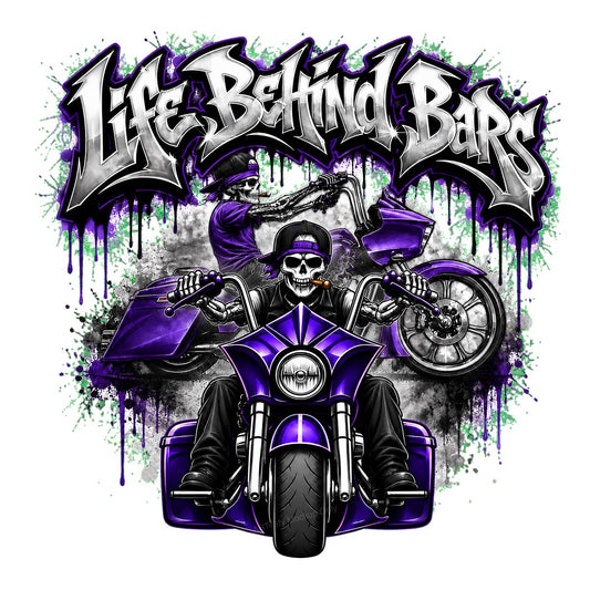 DTF Heat Transfer Life Behind Bars Skeleton Biker Purple Motorcycle Graphic for T Shirts Hoodies and Biker Apparel - 1