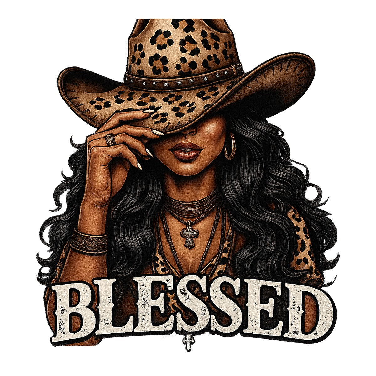 Western Heat Transfer Blessed Cowgirl Leopard Print Hat Christian Graphic for T Shirts Hoodies and Tote Bags - 1