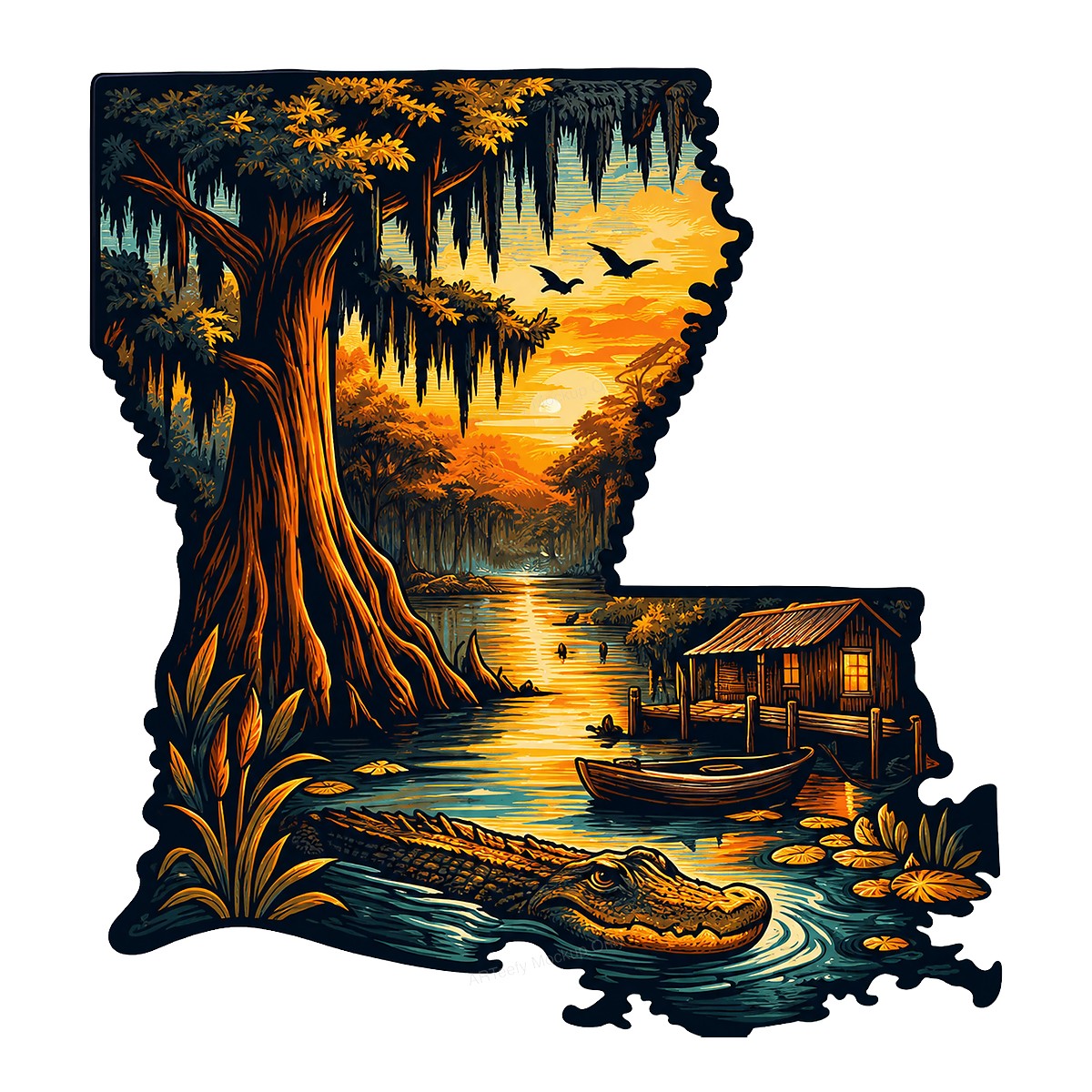 DTF Heat Transfer Louisiana Bayou Sunset with Alligator and Cabin Graphic for T Shirts Hoodies and Tote Bags - 1