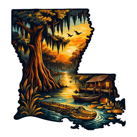 DTF Heat Transfer Louisiana Bayou Sunset with Alligator and Cabin Graphic for T Shirts Hoodies and Tote Bags - 1