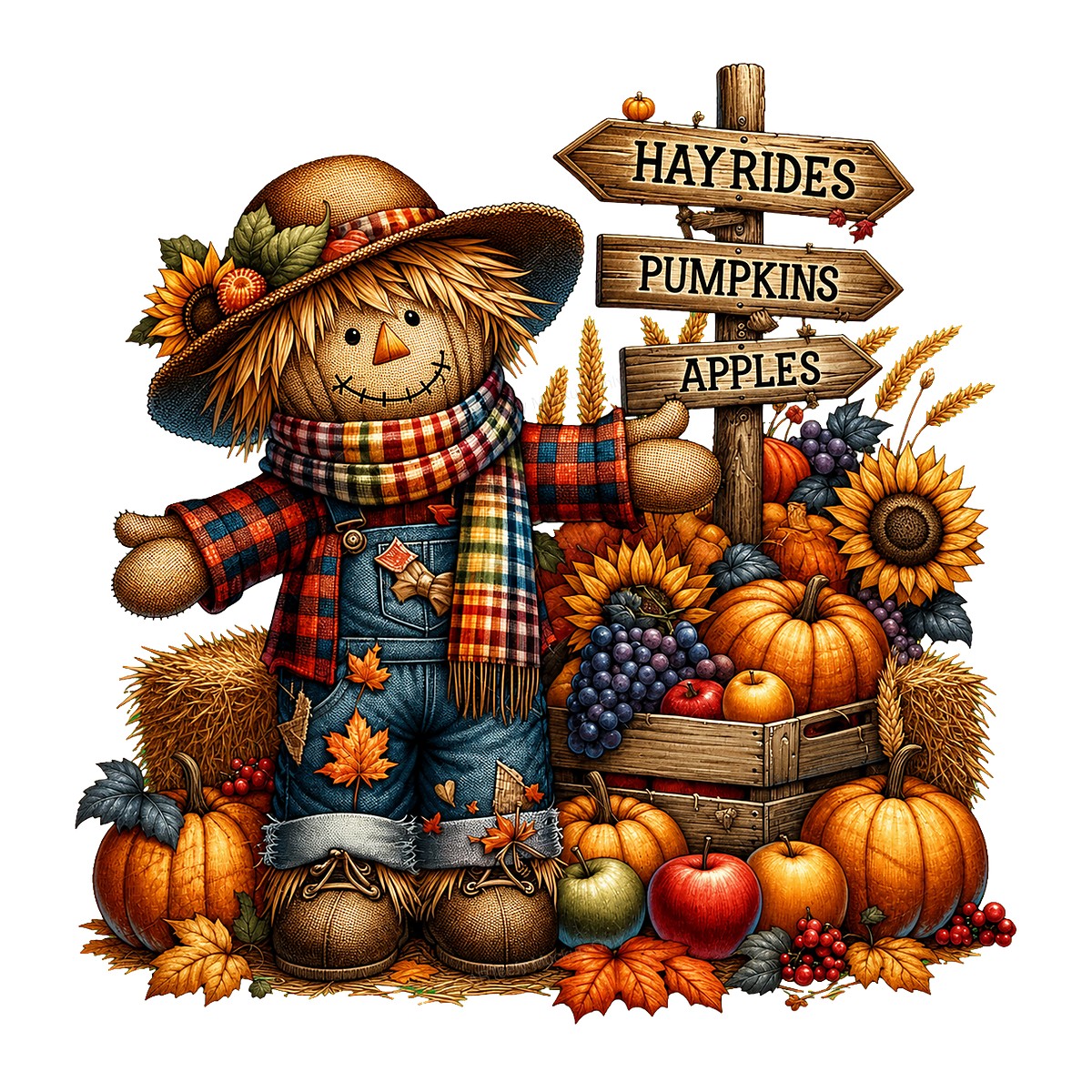 DTF Transfer Cute Fall Scarecrow with Pumpkins Sunflowers and Hayrides Sign Graphic for T Shirts Hoodies and Tote Bags - 1
