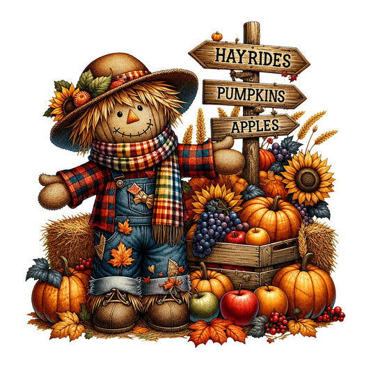 DTF Transfer Cute Fall Scarecrow with Pumpkins Sunflowers and Hayrides Sign Graphic for T Shirts Hoodies and Tote Bags - 1