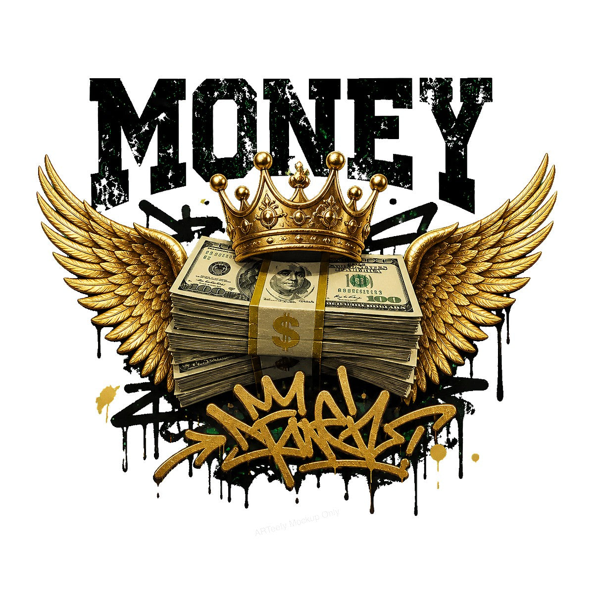 DTF Heat Transfer Money Crown with Wings Graffiti Cash Stack Graphic for T Shirts Hoodies and Streetwear Apparel - 1