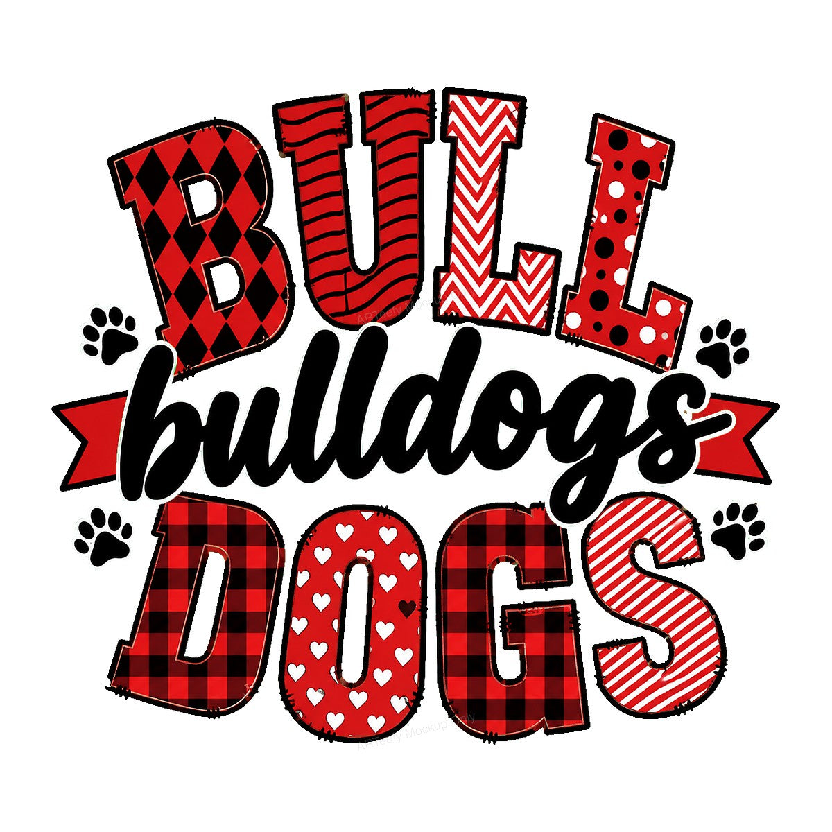 DTF Transfer Bull Bulldogs Dogs Red Plaid and Heart Graphic for T Shirts Hoodies and Tote Bags - 1