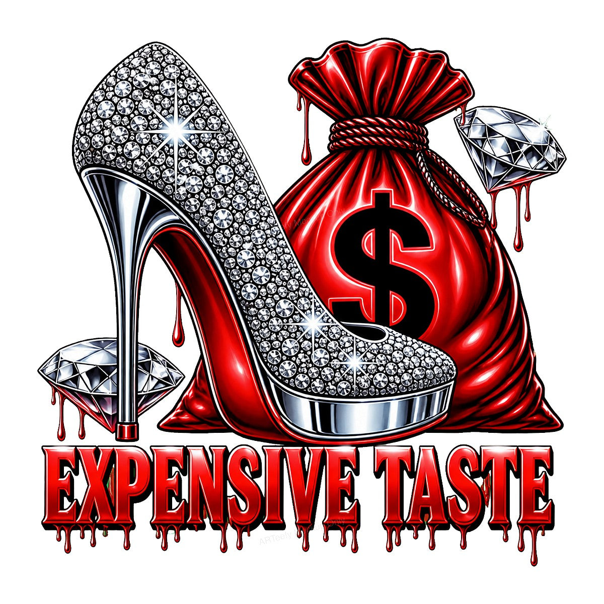 DTF Transfer Expensive Taste Crystal High Heel and Money Bag Graphic for T Shirts Hoodies and Tote Bags - 1