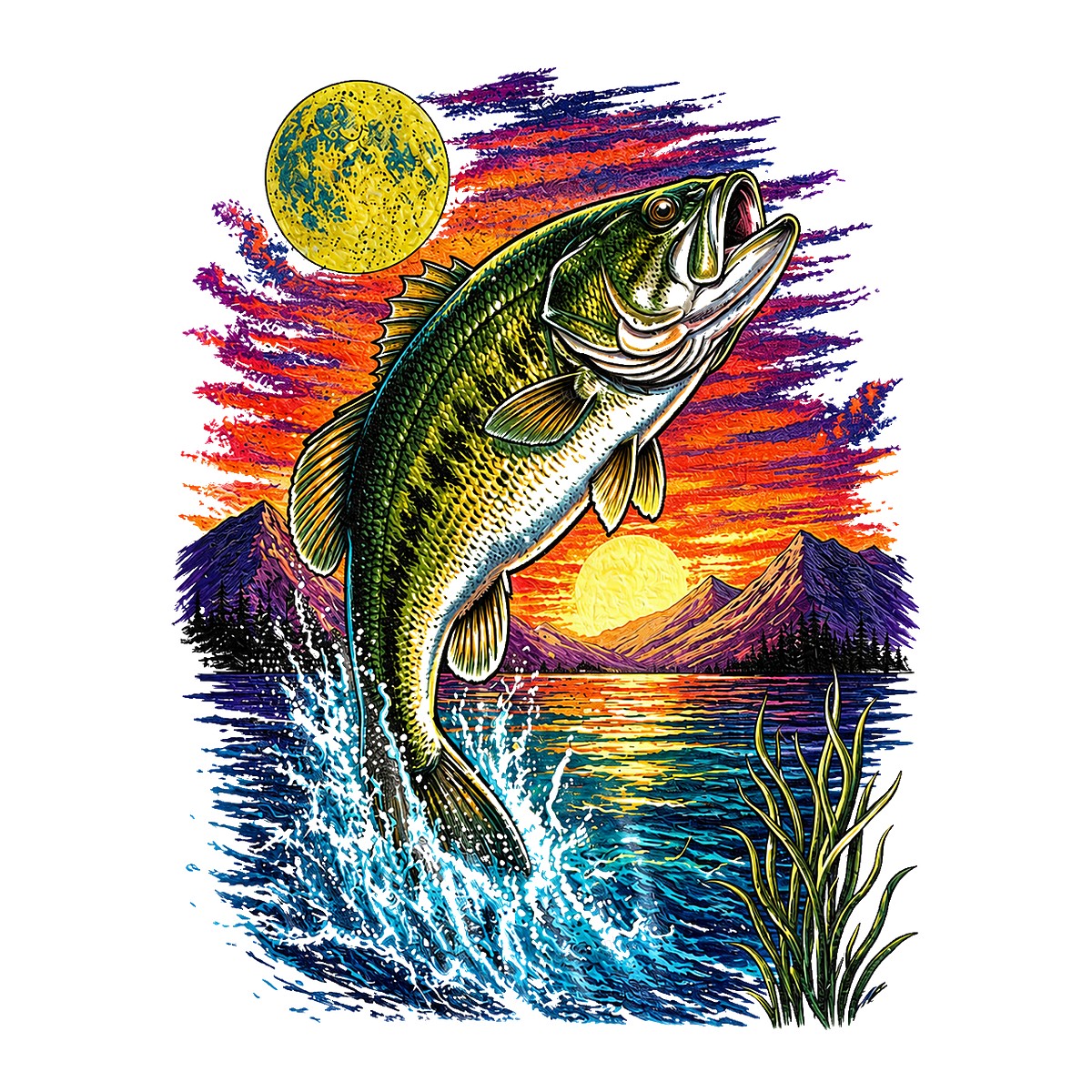 DTF Heat Transfer Jumping Bass Fish Sunset Lake Graphic for Fishing T Shirts Hoodies and Gifts - 1