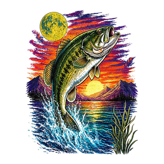 DTF Heat Transfer Jumping Bass Fish Sunset Lake Graphic for Fishing T Shirts Hoodies and Gifts - 1