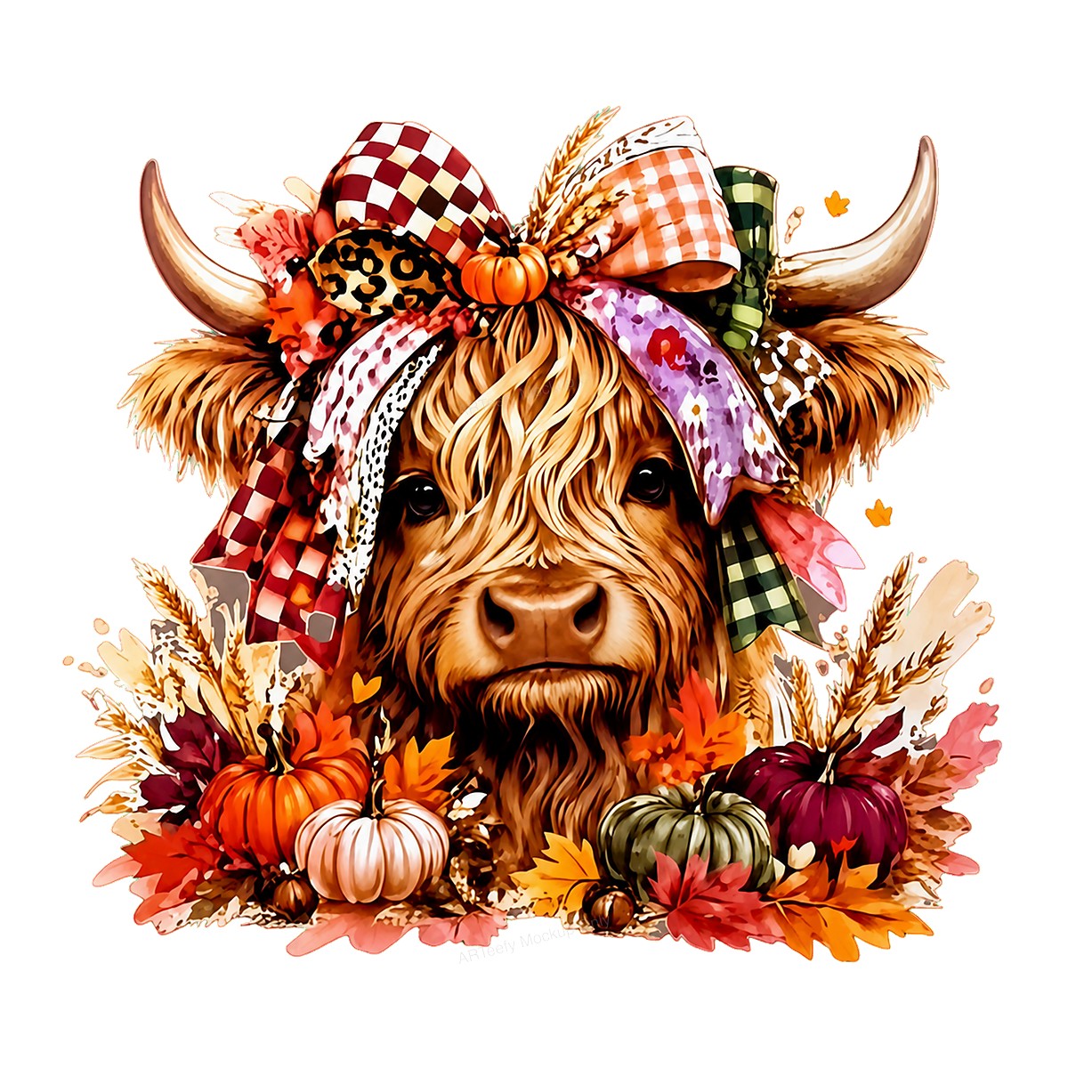 DTF Heat Transfer Highland Cow with Fall Pumpkins Plaid Bow Graphic for T Shirts Hoodies and Tote Bags - 1