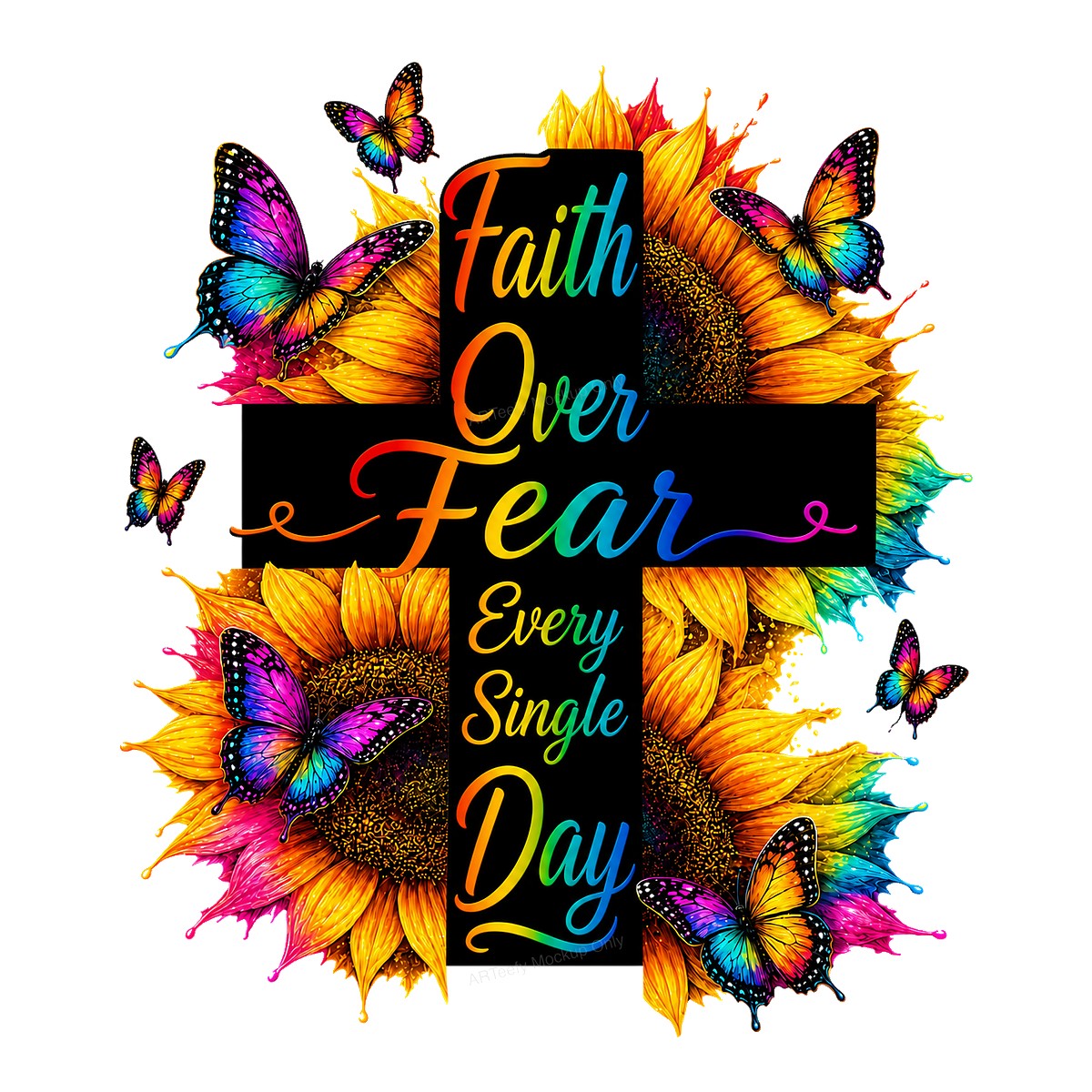Christian Heat Transfer Faith Over Fear Every Single Day Cross with Sunflowers and Butterflies for T Shirts Hoodies and Tote Bags - 1