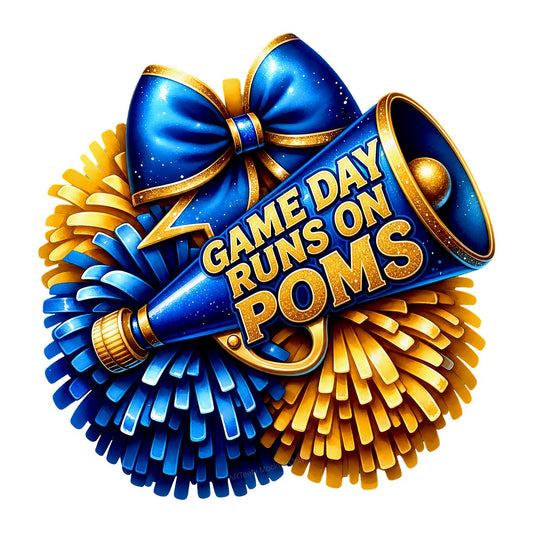 DTF Transfer Game Day Runs On Poms Cheer Megaphone and Pom Pom Graphic for T Shirts Hoodies and Tote Bags - 1