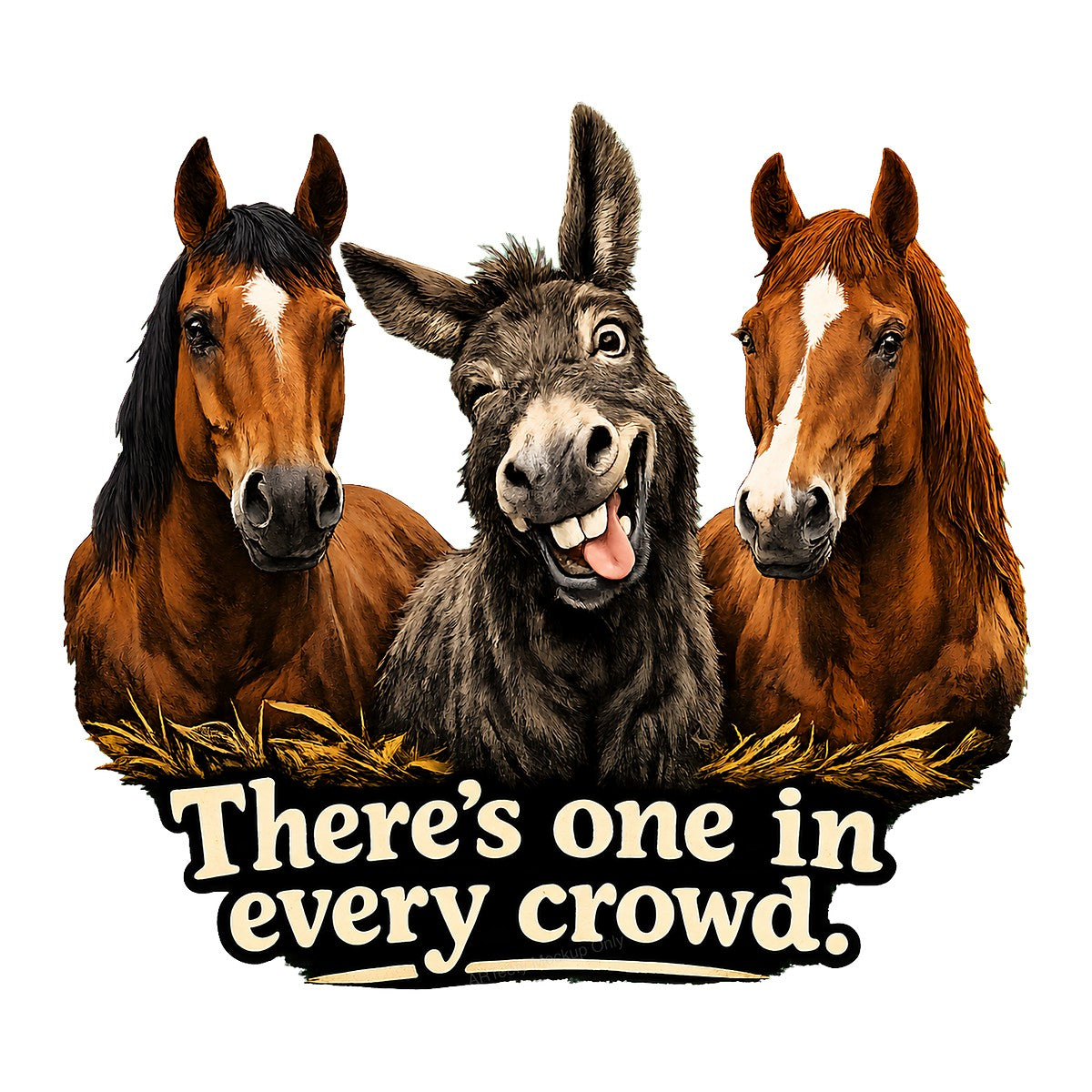 Funny Graphic Transfer “There’s One in Every Crowd” Silly Donkey with Horses Cartoon Design for T Shirts Hoodies and Casual Wear - 1