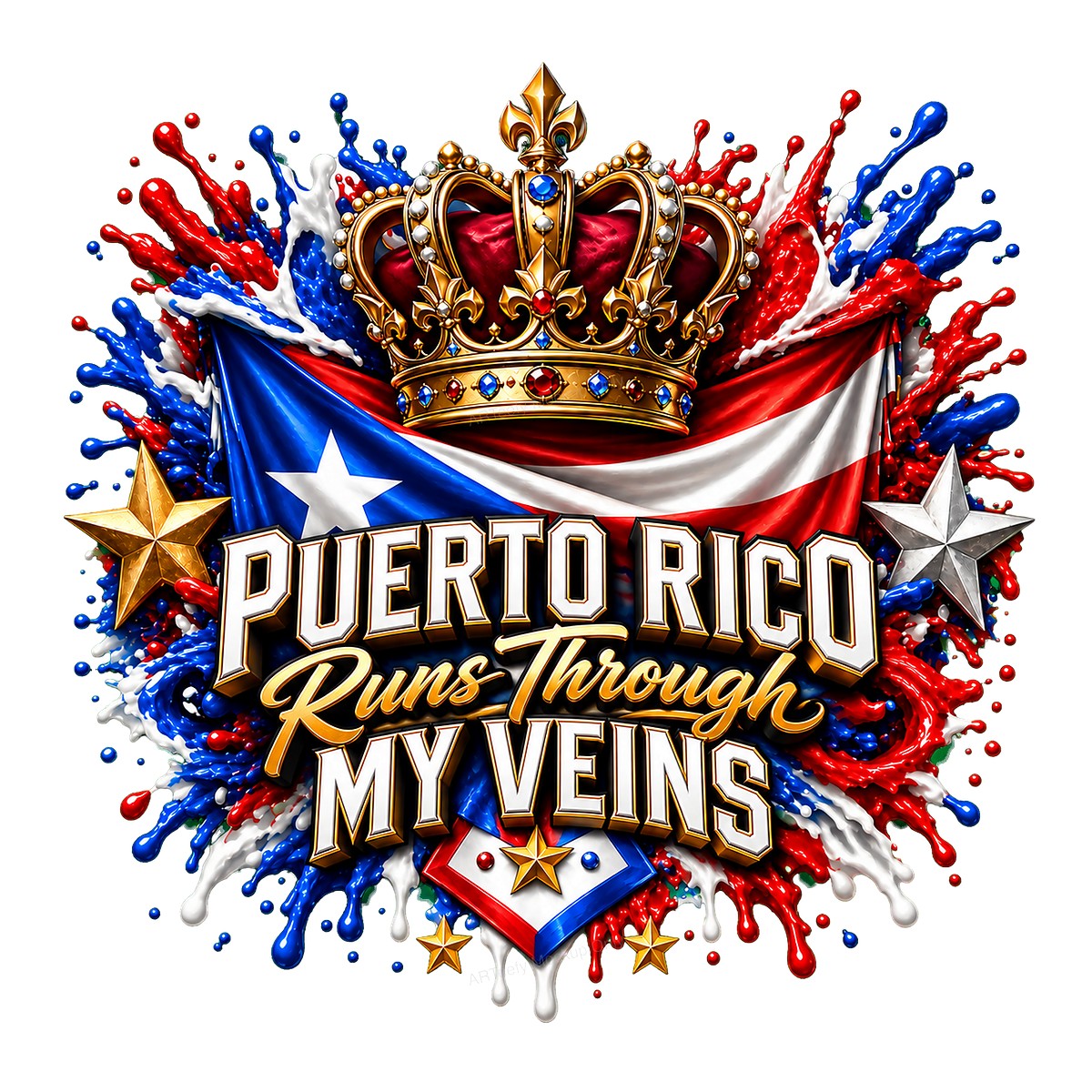 DTF Heat Transfer Puerto Rico Runs Through My Veins Crown and Flag Graphic for T Shirts Hoodies and Casual Wear - 1