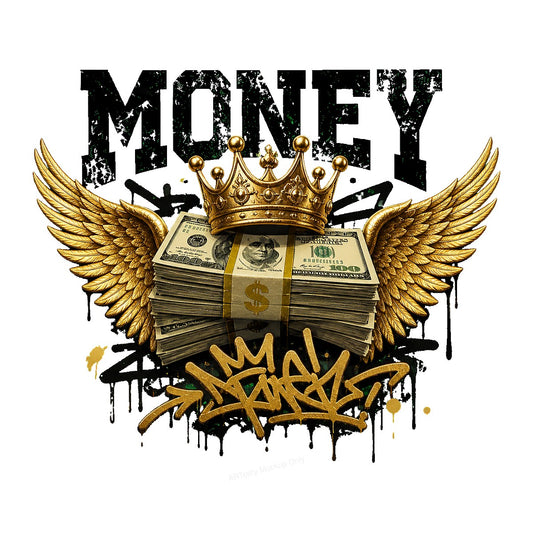 DTF Heat Transfer Money Crown and Wings Cash Stack Graffiti Graphic for T Shirts Hoodies and Streetwear Apparel - 1