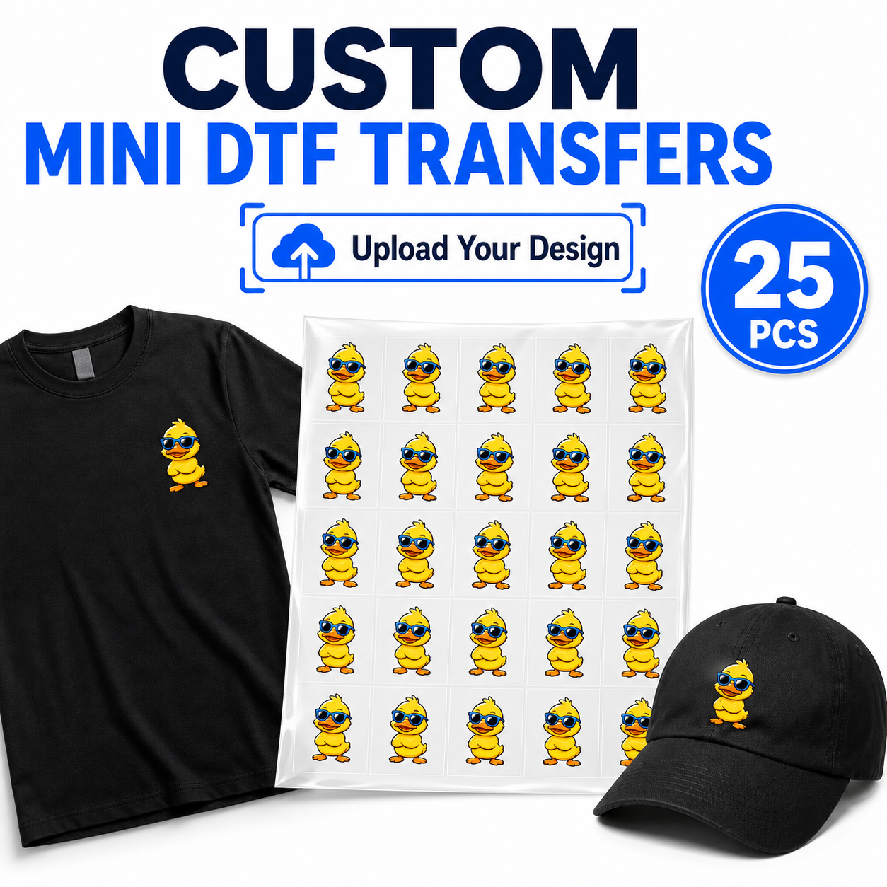 25pcs Custom 2 inch Mini DTF Iron On Transfer [5×5cm] Ready to Press Personalized Heat Transfer Sticker for Neck Label, Sleeve, Hat, Pocket Logo DIY Your Own Design