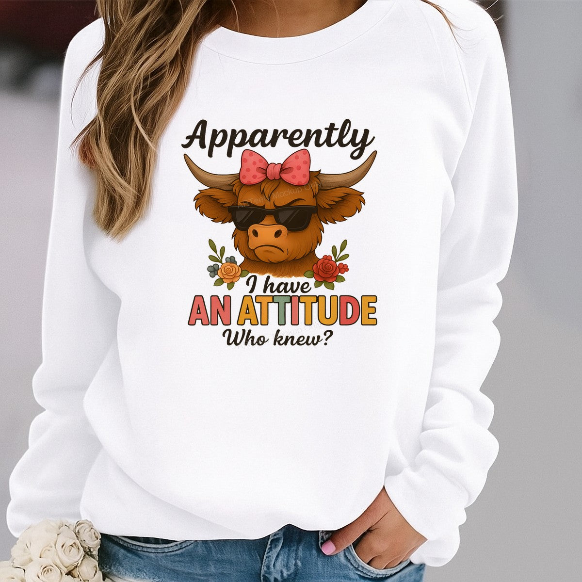 DTF Transfer Apparently I Have An Attitude Cow with Sunglasses and Bow Floral Graphic for T Shirts Hoodies and Tote Bags - 2