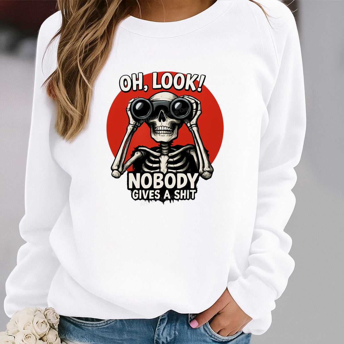 Funny Graphic Transfer Oh Look Nobody Cares Skeleton with Binoculars Design for T Shirts Hoodies and Tote Bags - 2