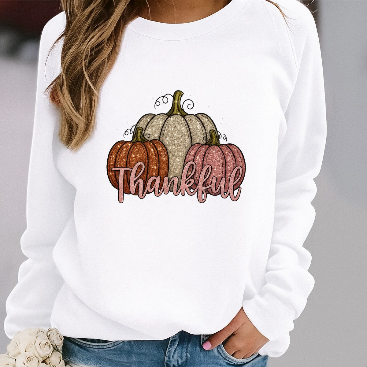 DTF Heat Transfer Iron On Sticker Thankful Glitter Pumpkins for Fall Home Decor Thanksgiving Apparel and DIY Projects - 2