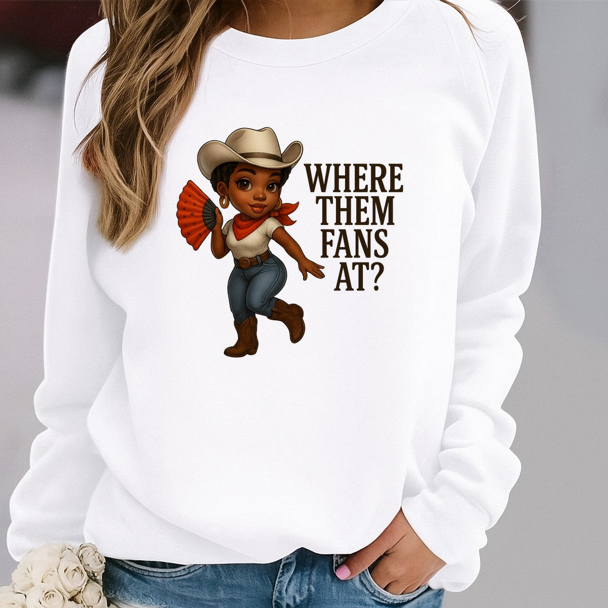 DTF Heat Transfer Iron On Sticker Western Cowgirl Holding Fan with Classic Cowboy Hat and Boots Graphic for DIY T Shirts Jackets Bags and Home Decor - 2