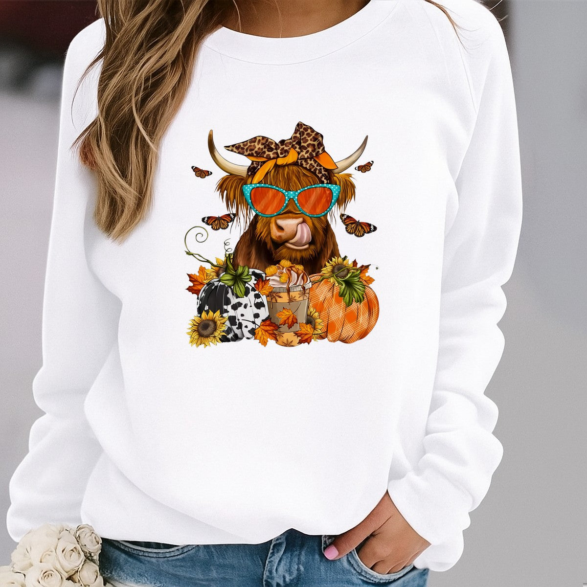 DTF Heat Transfer Iron On Sticker Highland Cow with Sunglasses and Pumpkins for Fall Home Decor T Shirts Hoodies Bags and Halloween Party Favors - 2
