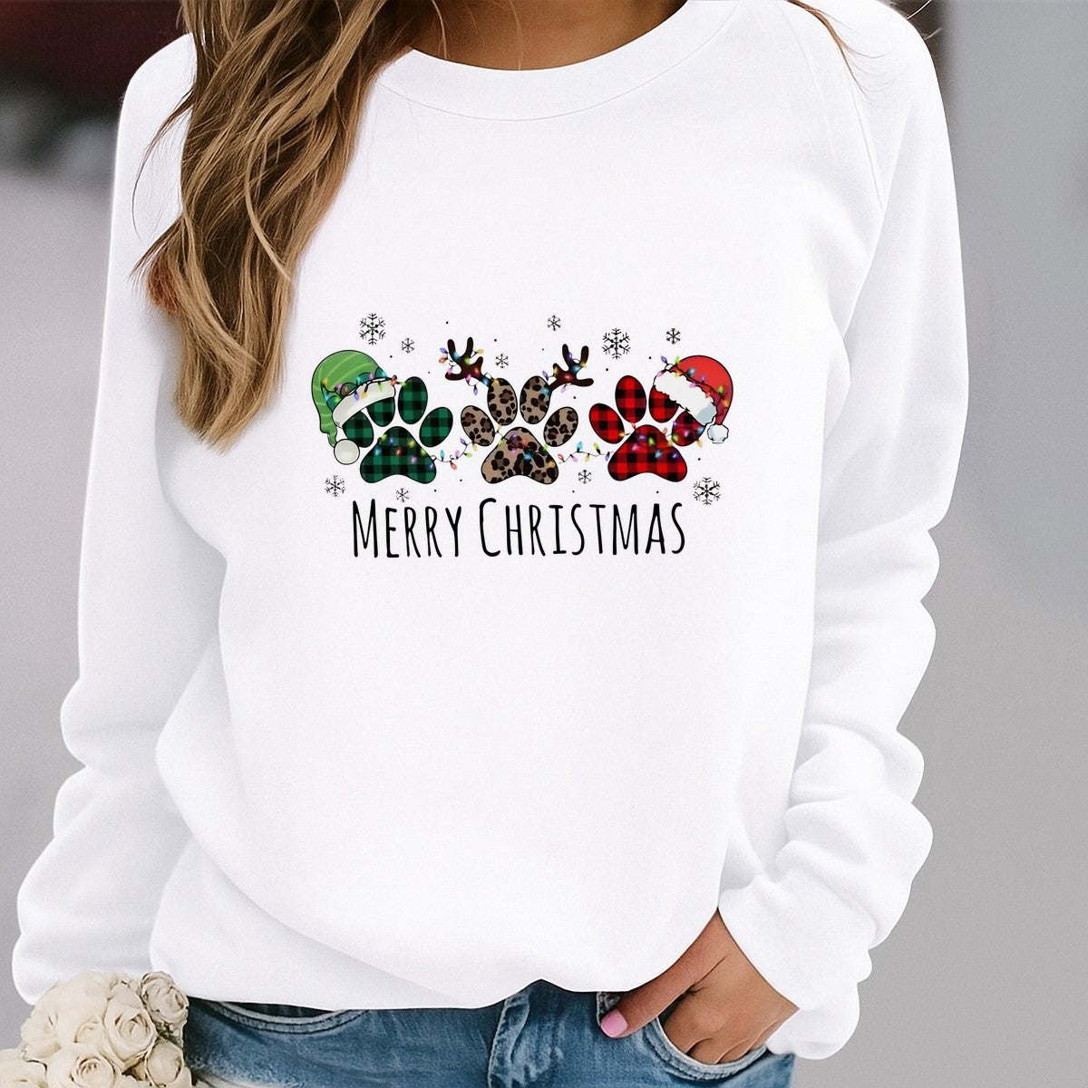 DTF Heat Transfer Iron On Sticker Merry Christmas Paw Prints with Santa Hats Snowflakes and Christmas Lights for Holiday T Shirts Hoodies Bags Home Decoration and Family Celebration - 2