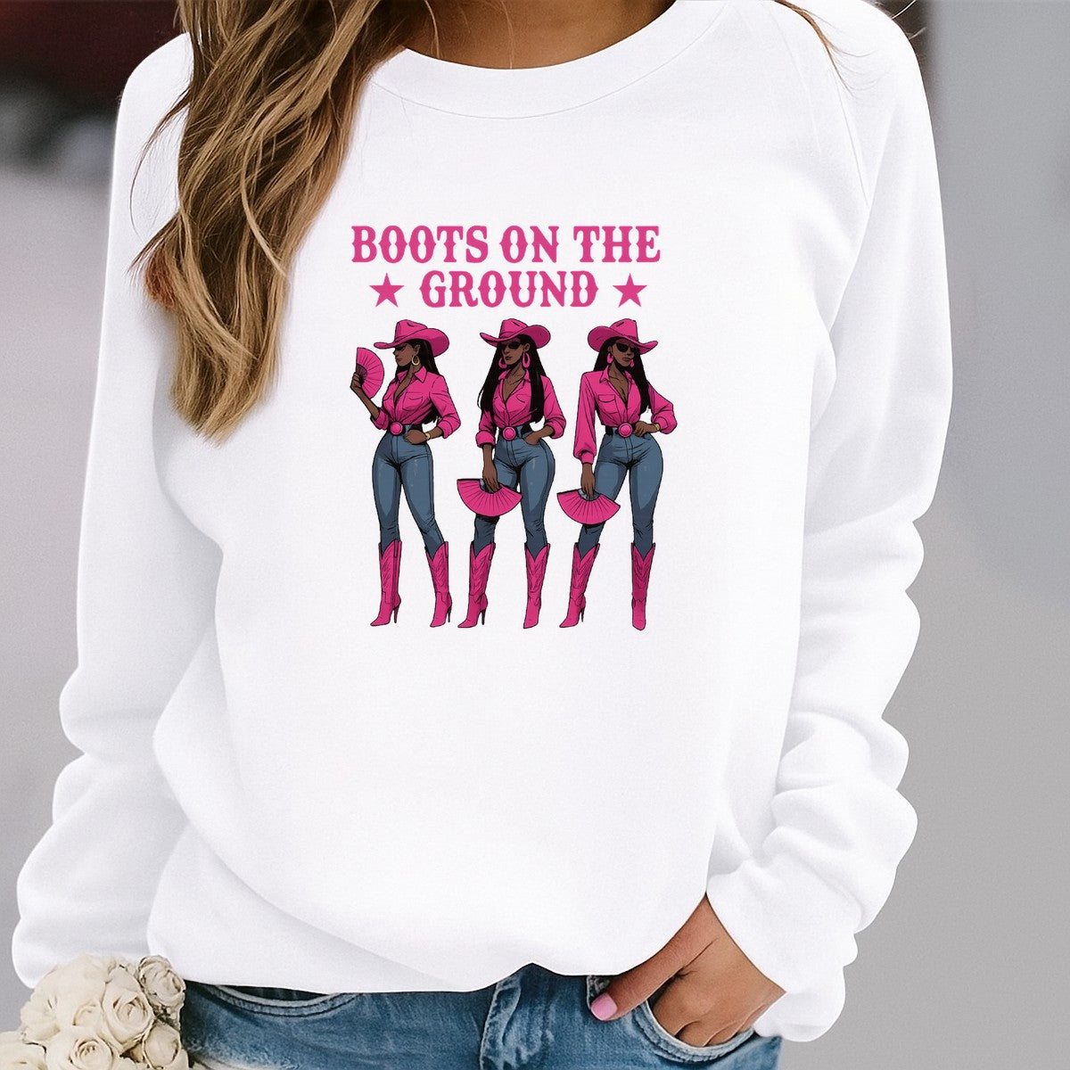 DTF Heat Transfer Iron On Sticker Boots On The Ground Western Cowgirl Style Pink Shirt and Jeans for Apparel Bags Jackets and Home Decor - 2