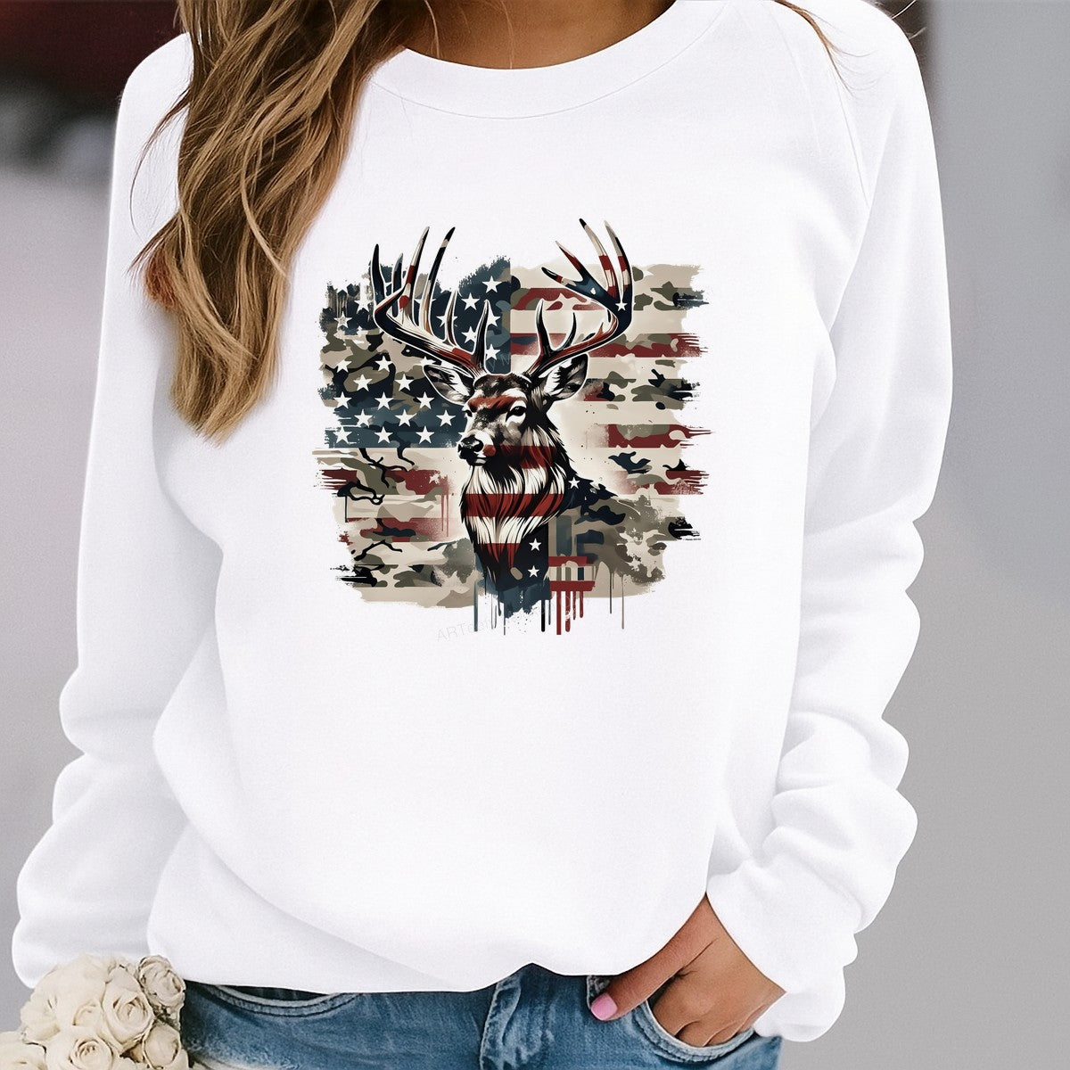 DTF Heat Transfer Patriotic Deer with American Flag Camo Graphic for T Shirts Hoodies and Hunting Apparel - 2