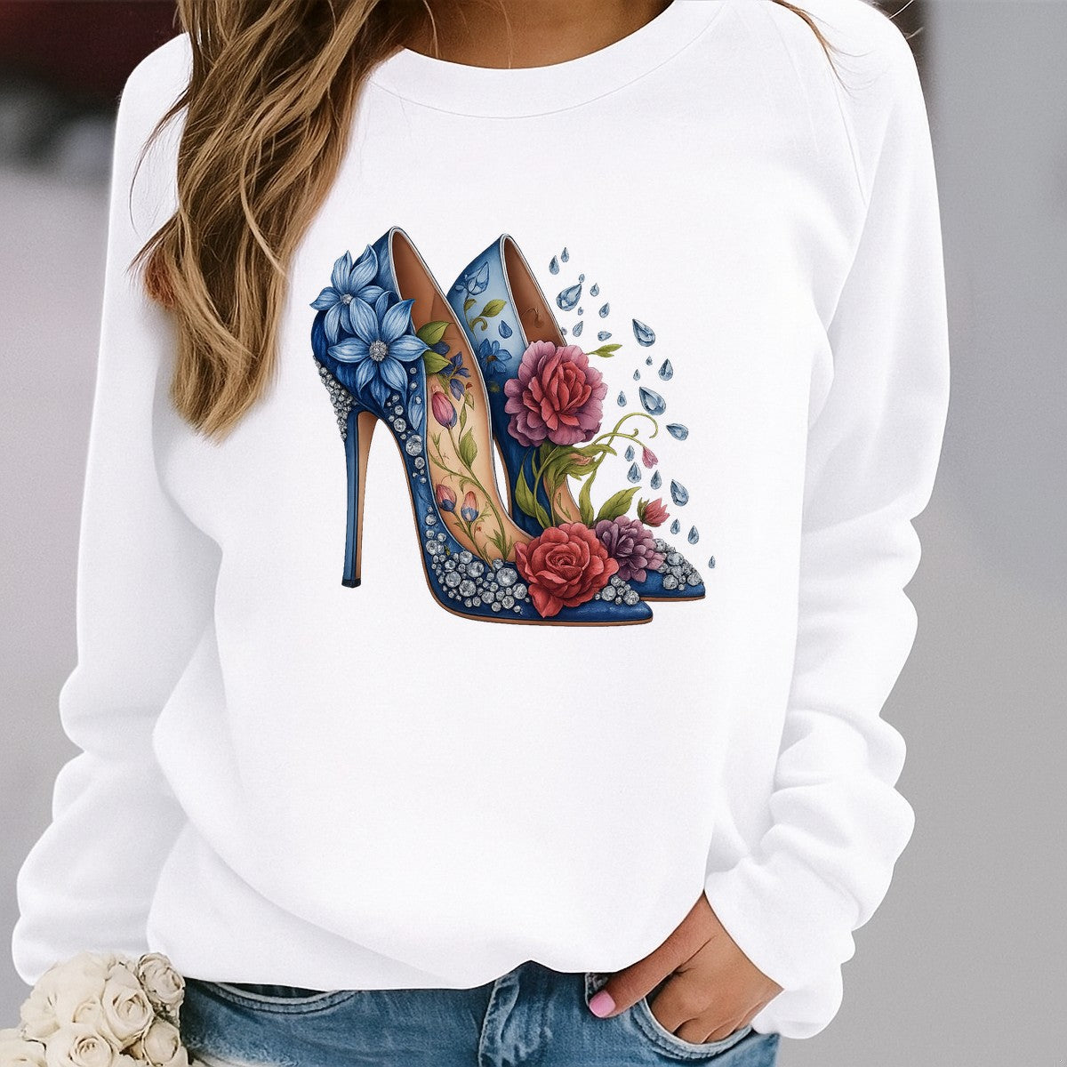 DTF Heat Transfer Iron On Sticker Elegant Floral Design with Rhinestones Sparkling for Fashionable Footwear and Home Decor - 2