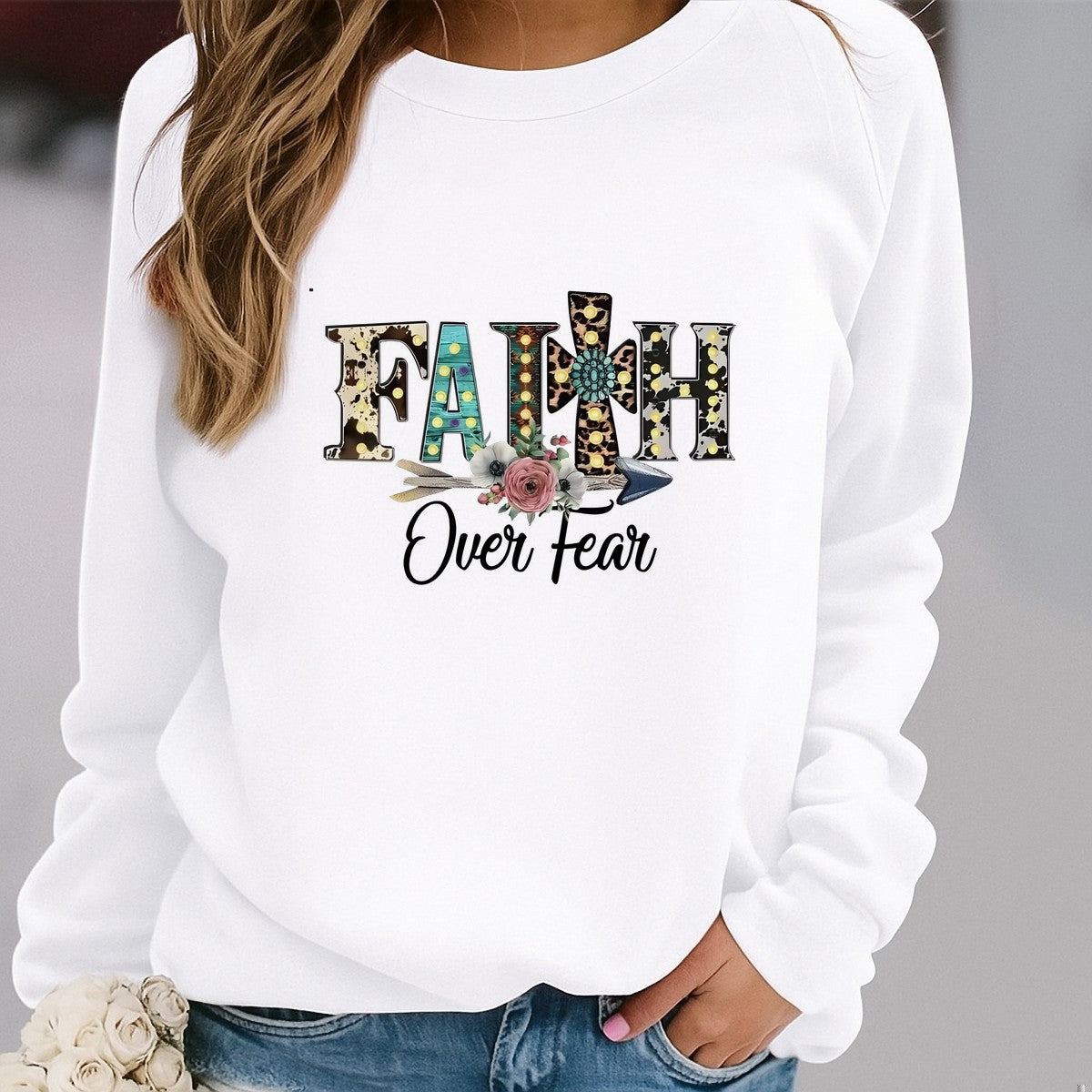 DTF Heat Transfer Iron On Sticker Faith Over Fear Lettering with Rustic Floral Arrow Pattern for Western Apparel Bags Home Decor and Inspirational Gifts - 2