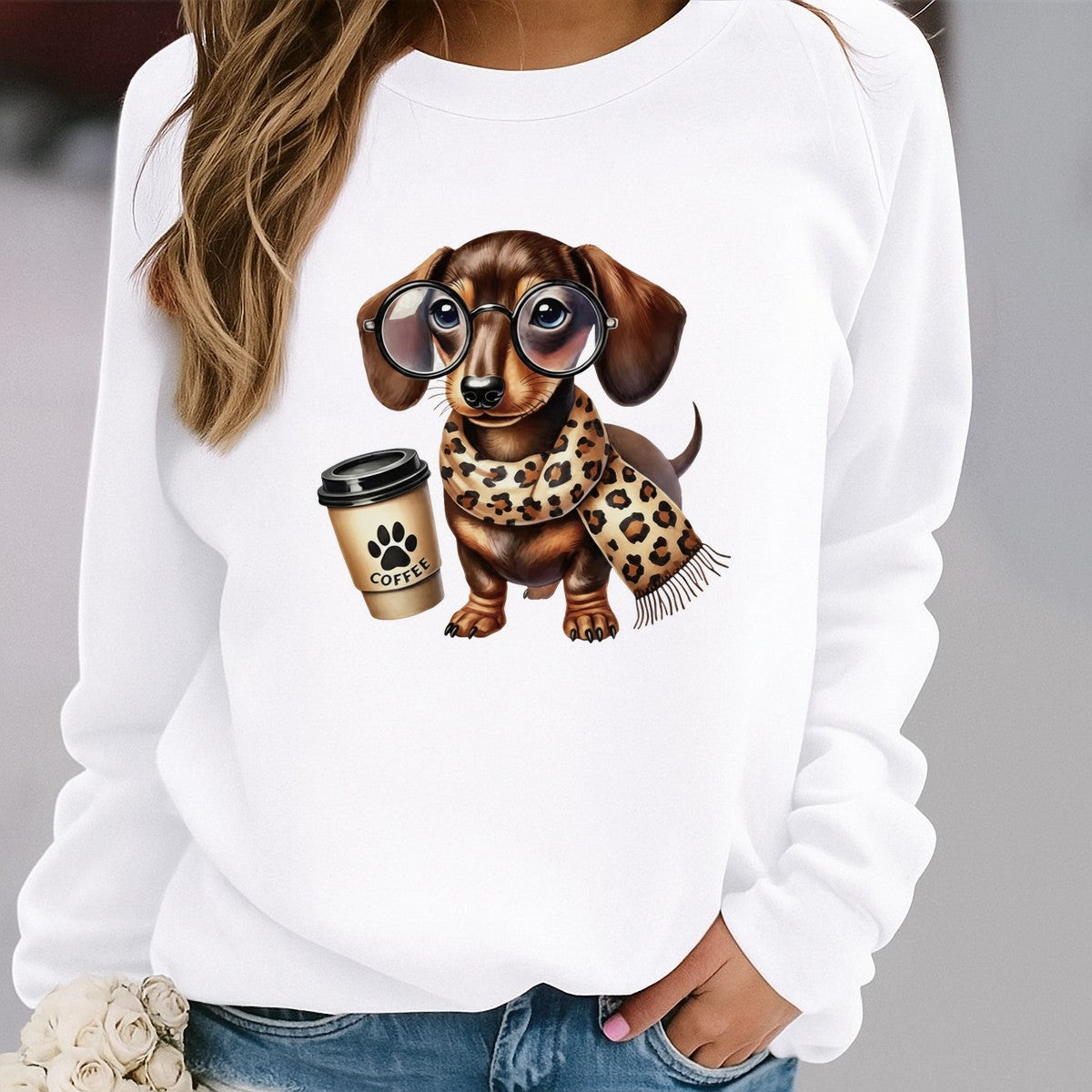 DTF Heat Transfer Iron On Sticker Cute Dachshund with Coffee Cup and Leopard Scarf for Fall Home Decor T Shirts Hoodies and Tote Bags - 2