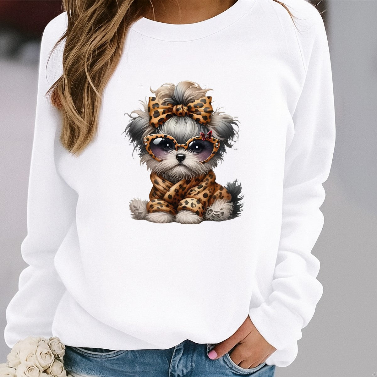 DTF Heat Transfer Iron On Sticker Cute Shih Tzu Puppy in Leopard Print Outfit for Animal Lovers Apparel Bags Jackets and Home Decor - 2