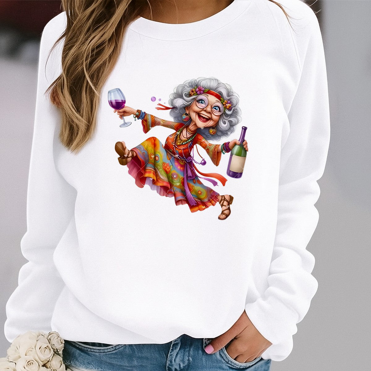 DTF Heat Transfer Iron On Sticker Vintage Bohemian Woman Holding Wine Glass and Bottle Colorful Dress for Fall Home Decor Apparel Bags and Party Celebration - 2