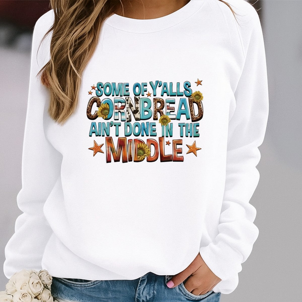DTF Heat Transfer Iron On Sticker Some Of Yalls Cornbread Ain't Done Sunflower Star Pattern for Fall Home Decor T Shirts Hoodies Bags Aprons and Family Celebration - 2
