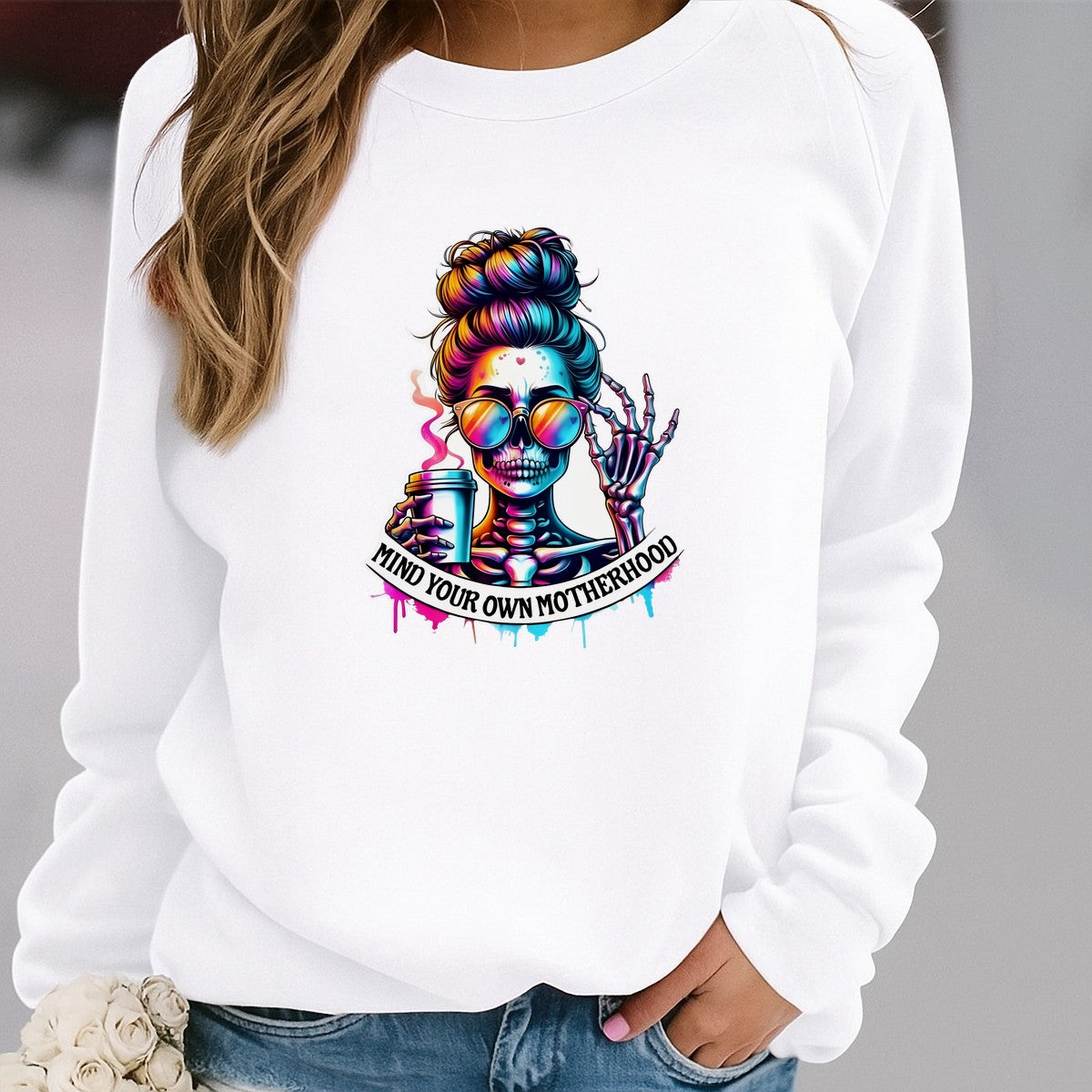 DTF Heat Transfer Iron On Sticker Skull Mom with Coffee and Sunglasses for Halloween Decor T Shirts Bags and Home Decoration - 2