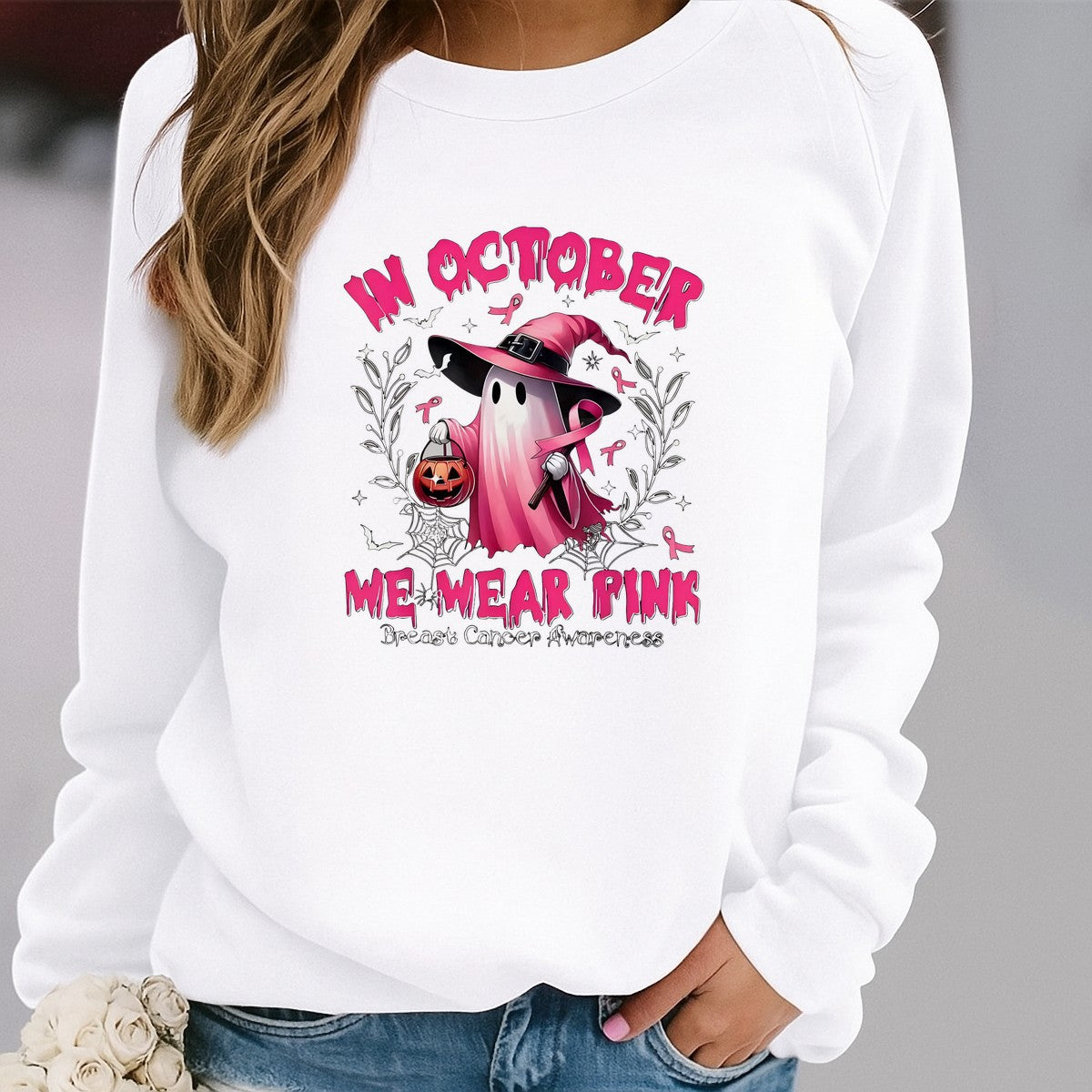 DTF Heat Transfer Iron On Sticker Pink Ghost with Witch Hat and Pumpkin Breast Cancer Awareness for Halloween Shirts and Home Decor - 2