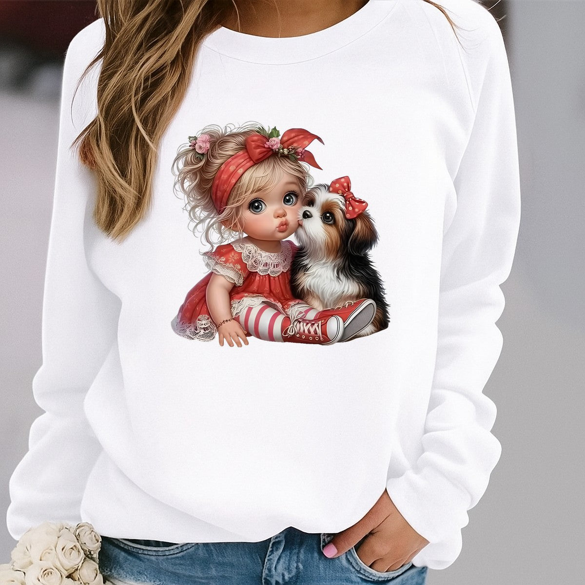 DTF Heat Transfer Iron On Sticker Cute Baby Girl with Puppy Red Dress and Headband for Apparel Bags and Nursery Decor - 2