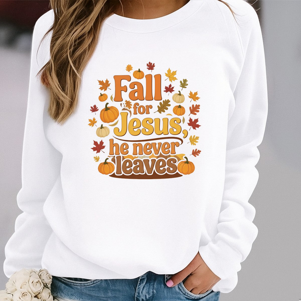 DTF Heat Transfer Iron On Sticker Fall for Jesus He Never Leaves Pumpkins Leaves Graphic for Autumn Apparel and Home Decor - 2