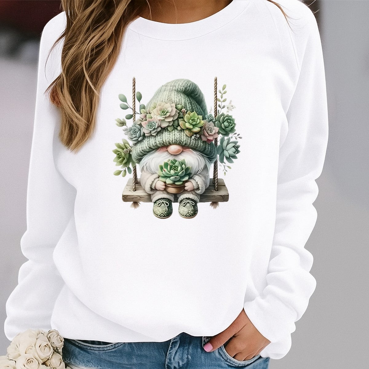DTF Heat Transfer Iron On Sticker Gnome with Succulent Plants in Green Knit Hat for Fall Home Decor T Shirts Hoodies Bags and Seasonal Gifts - 2
