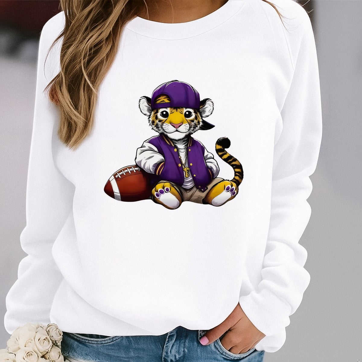 DTF Heat Transfer Iron On Sticker Cute Sporty Tiger with Purple Cap and Football Graphic for Apparel Bags Jackets and Home Decor - 2