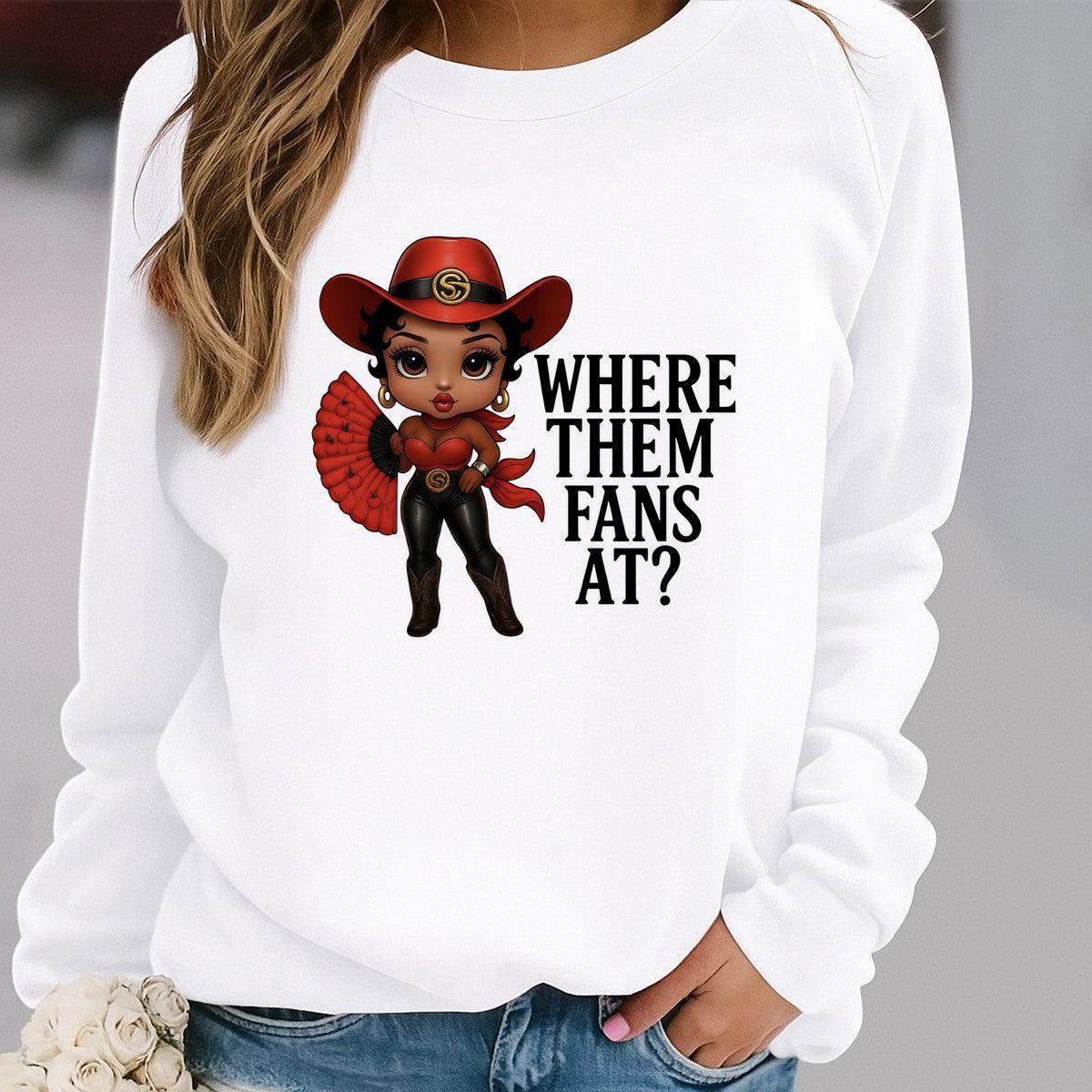 DTF Heat Transfer Iron On Sticker Western Cowgirl with Red Fan and Hat for Rodeo Outfit T Shirts Jackets and Home Decor - 2