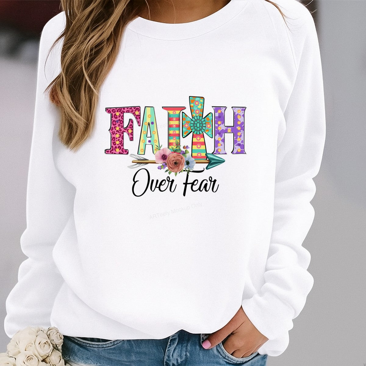 DTF Heat Transfer Iron On Sticker DTF Transfers Ready to Press Faith Over Fear Colorful Pattern with Floral Arrow for Inspirational Apparel Gifts Clearance - 2