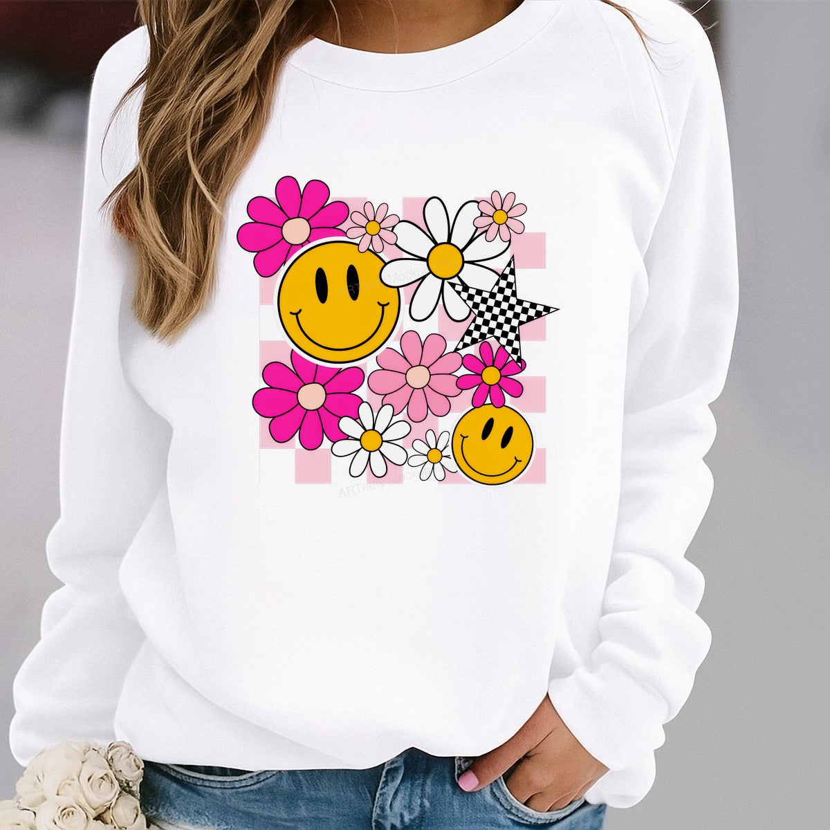 DTF Heat Transfer Iron On Sticker DTF Transfers Ready to Press Smiley Face with Checkered Star and Pink Flowers for T Shirts Hoodies Local Warehouse - 2