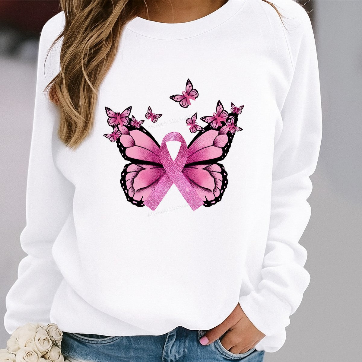 DTF Heat Transfer Iron On Sticker DTF Transfers Ready to Press Pink Butterfly Ribbon Design for Breast Cancer Awareness Items T Shirts Hoodies Clearance - 2
