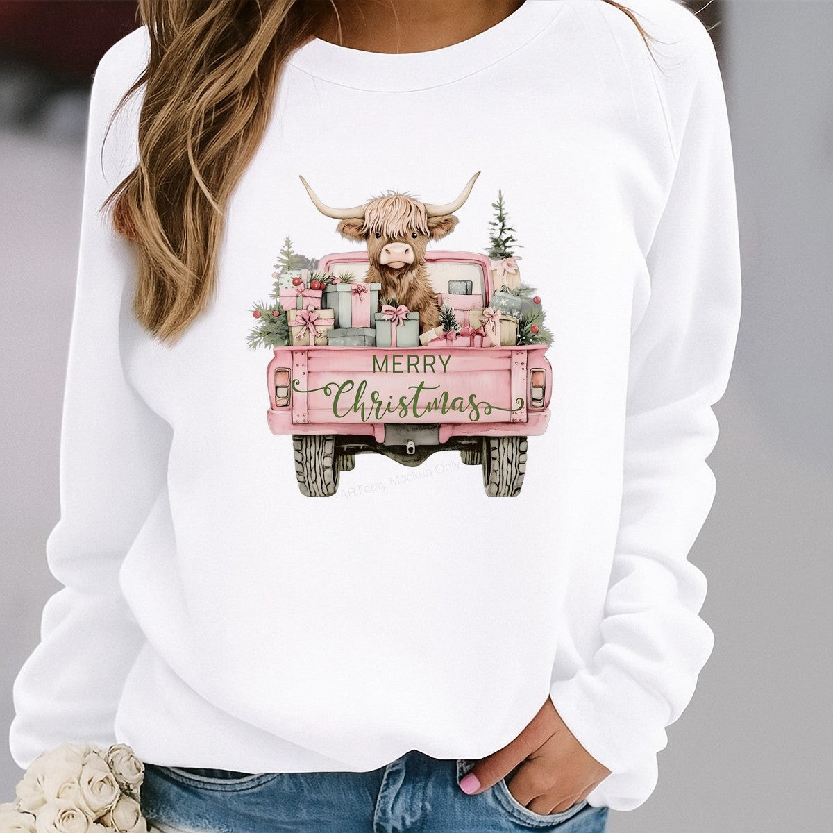 DTF Heat Transfer Iron On Sticker Heat Transfer Designs Ready to Press Christmas Highland Cow with Presents in Pink Truck for Holiday Apparel Local Warehouse - 2