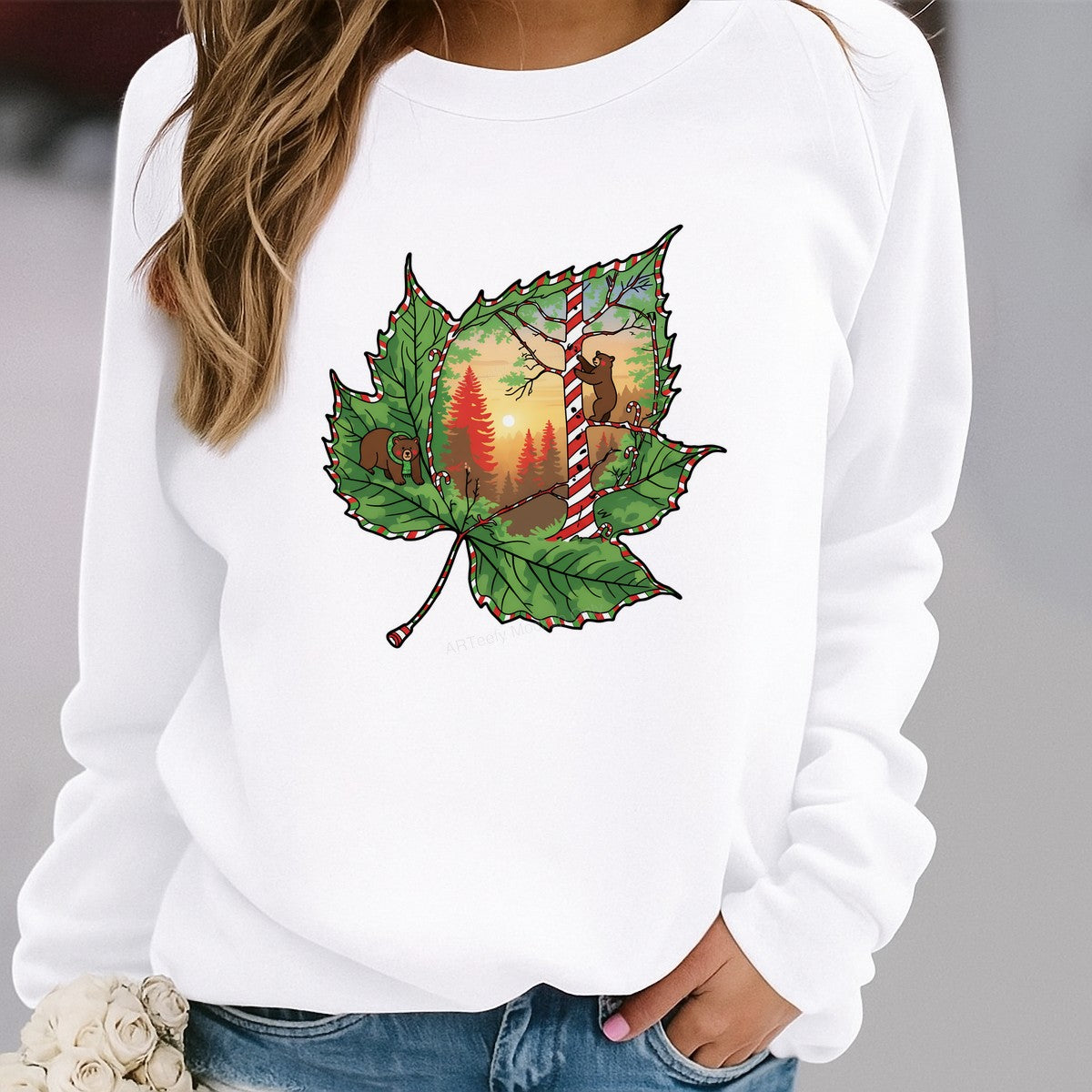 DTF Heat Transfer Iron On Sticker Heat Transfer Designs Ready to Press Festive Forest Bears on Candy Cane Striped Leaves for Christmas Apparel Decor Local Warehouse - 2