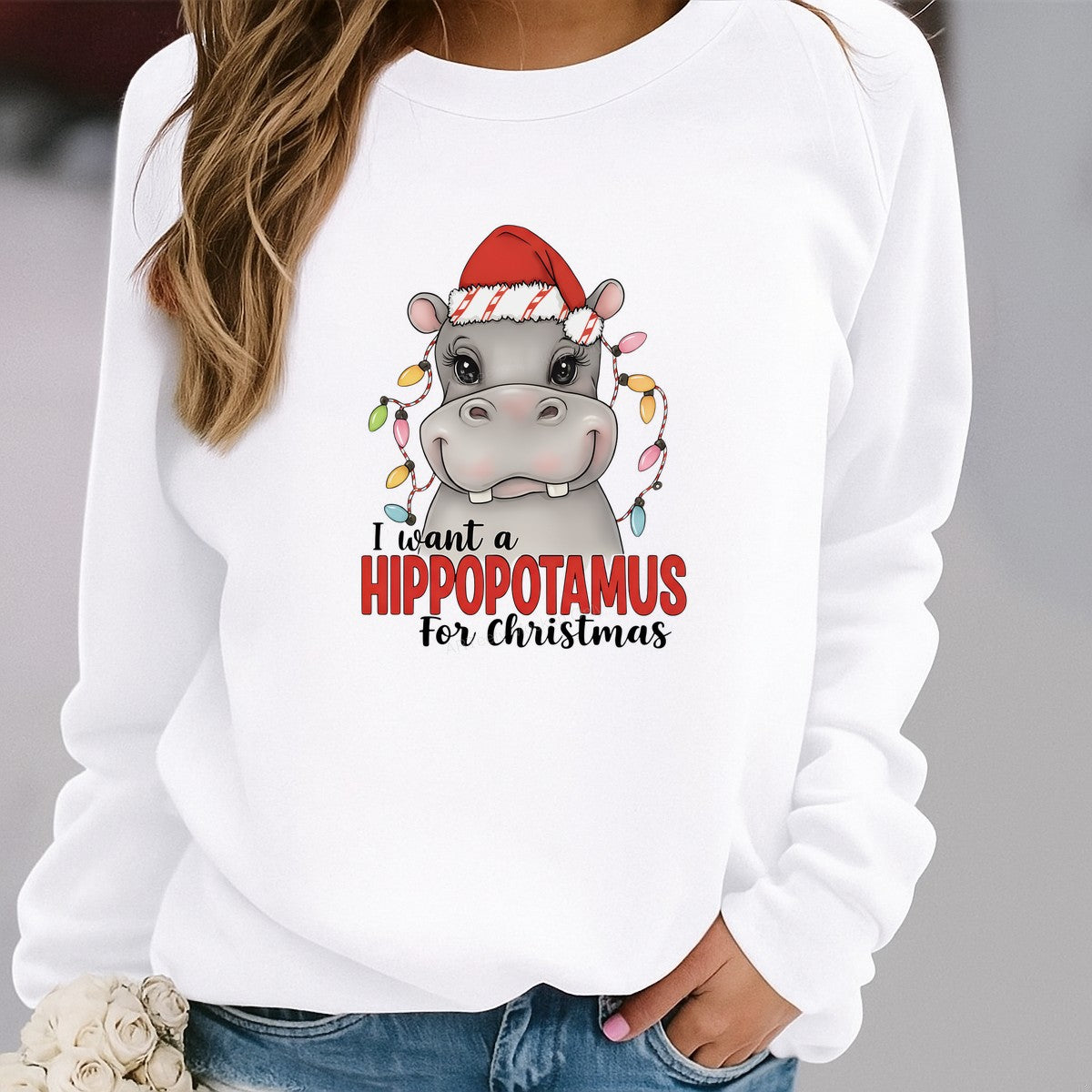 DTF Heat Transfer Iron On Sticker Iron On Transfers for T Shirts Christmas Hippopotamus Design with Santa Hat Lights for Holiday Apparel Gifts Clearance - 2