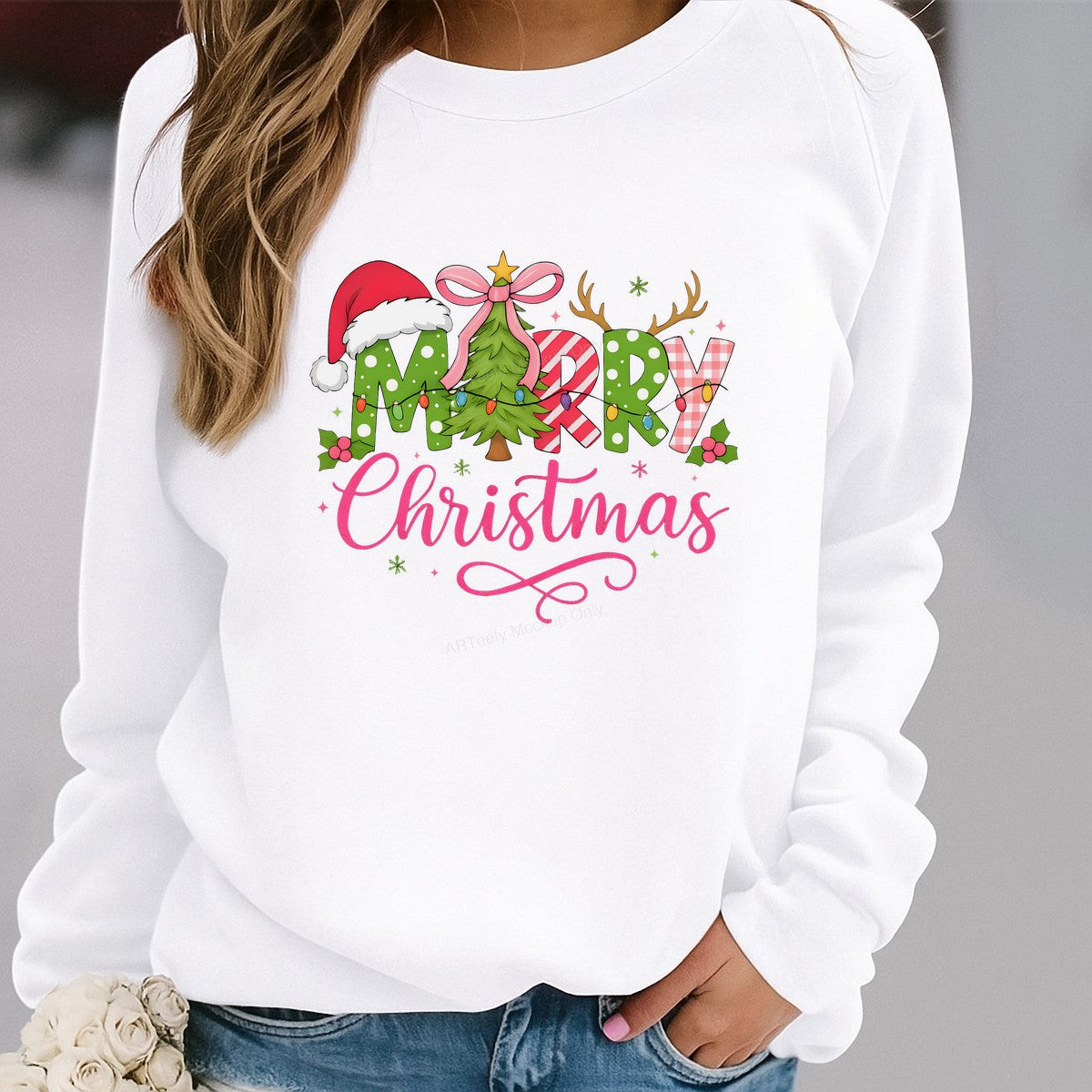 DTF Heat Transfer Iron On Sticker Iron On Heat Transfers Merry Christmas Design Colorful Lettering with Santa Hat Tree Lights for Holiday T Shirts Local Warehouse - 2