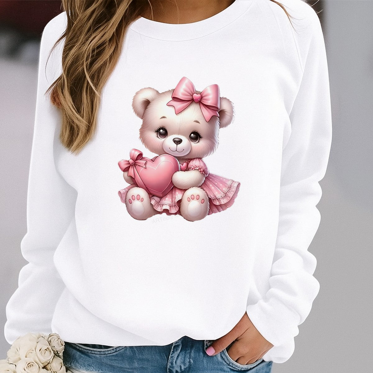 DTF Heat Transfer Iron On Sticker Iron On Heat Transfers Cute Teddy Bear with Pink Bows Heart Decor for Apparel Bags Jackets Local Warehouse - 2