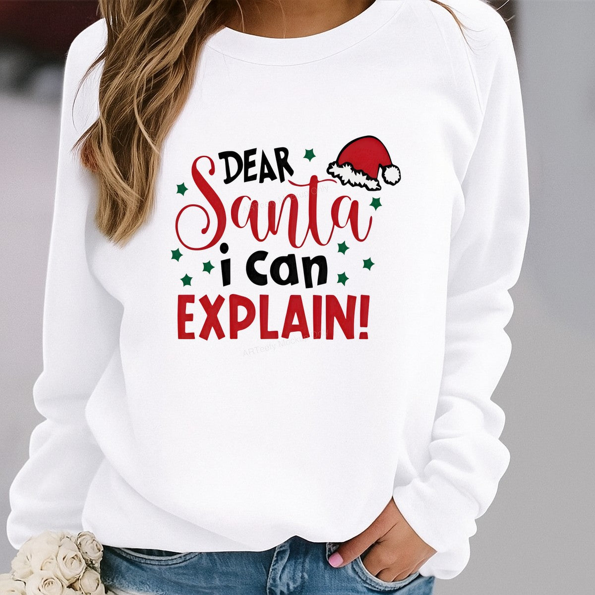 DTF Heat Transfer Dear Santa I Can Explain Quote with Santa Hat Graphic for Holiday Shirts and Christmas Apparel - 2