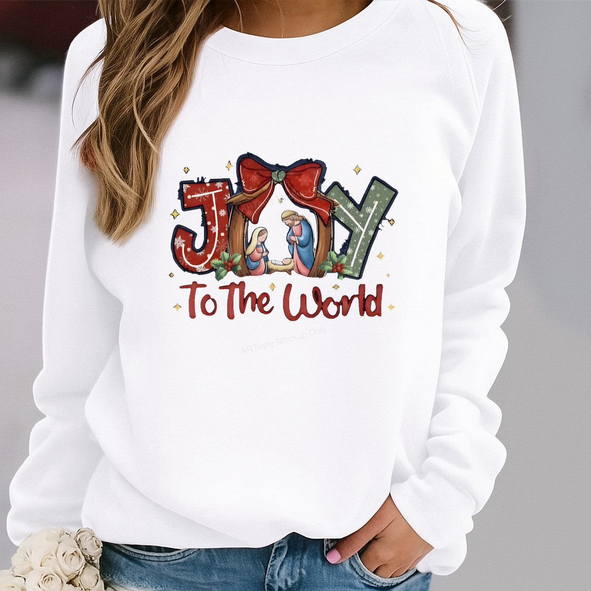 DTF Heat Transfer Iron On Sticker Heat Transfer Designs Ready to Press Christmas Joy Nativity Scene with Festive Bow for Holiday Apparel Clearance Local Warehouse - 2