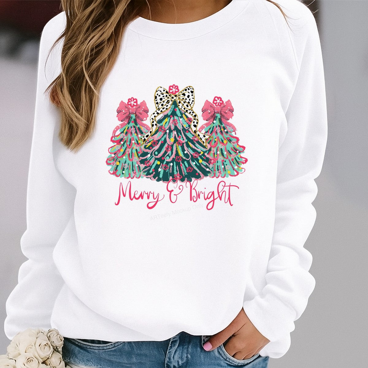 DTF Heat Transfer Iron On Sticker Iron On Transfers for T Shirts Merry Bright Christmas Tree Design with Pink Bows for Holiday Apparel Gifts Local Warehouse - 2